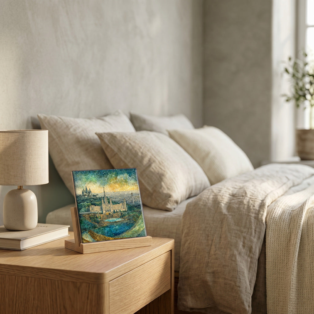 On the nightstand, catching the morning.