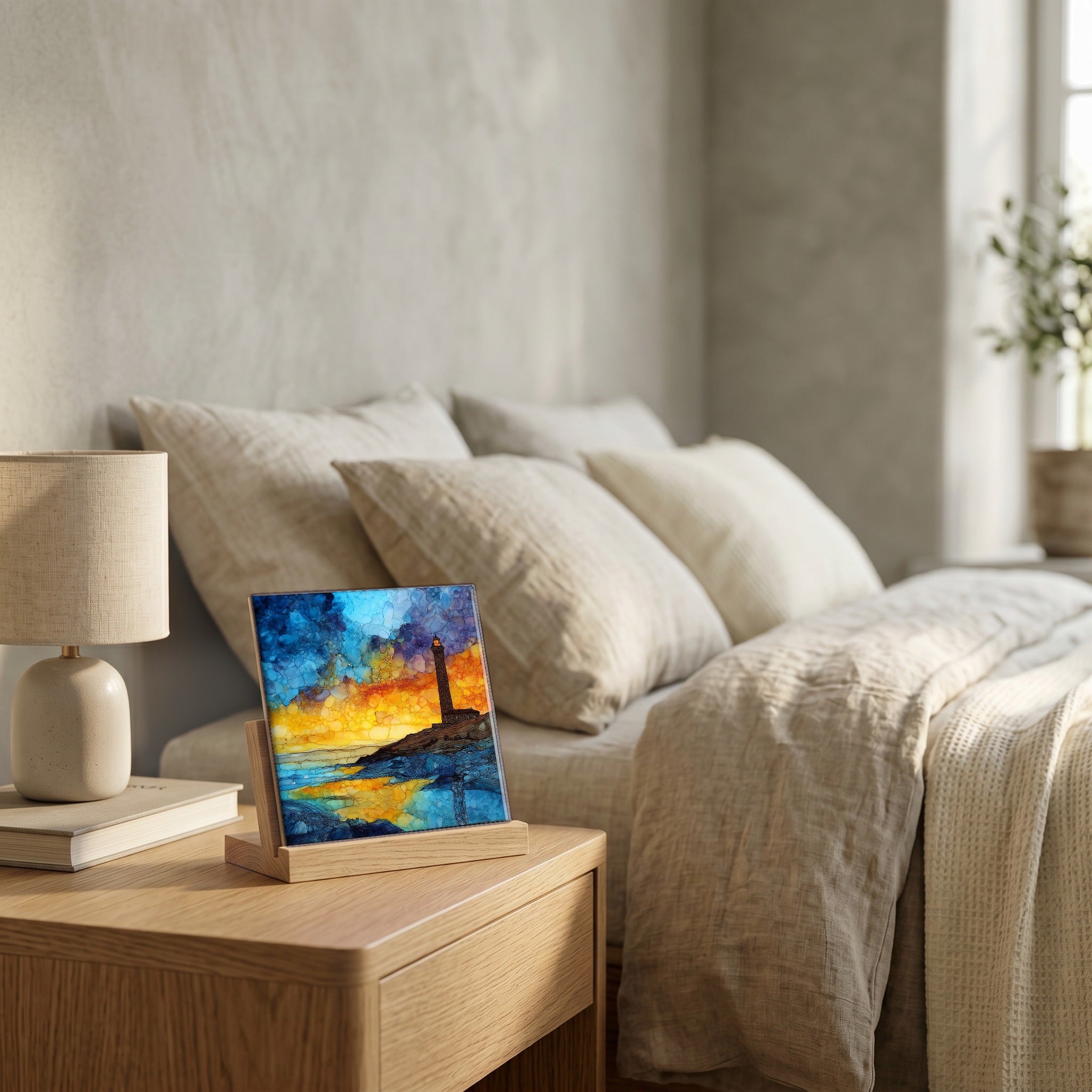 On the nightstand, on a light oak stand.