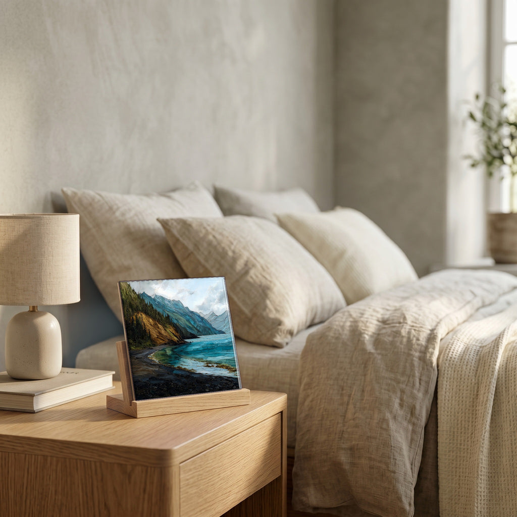 On the nightstand, catching the morning.
