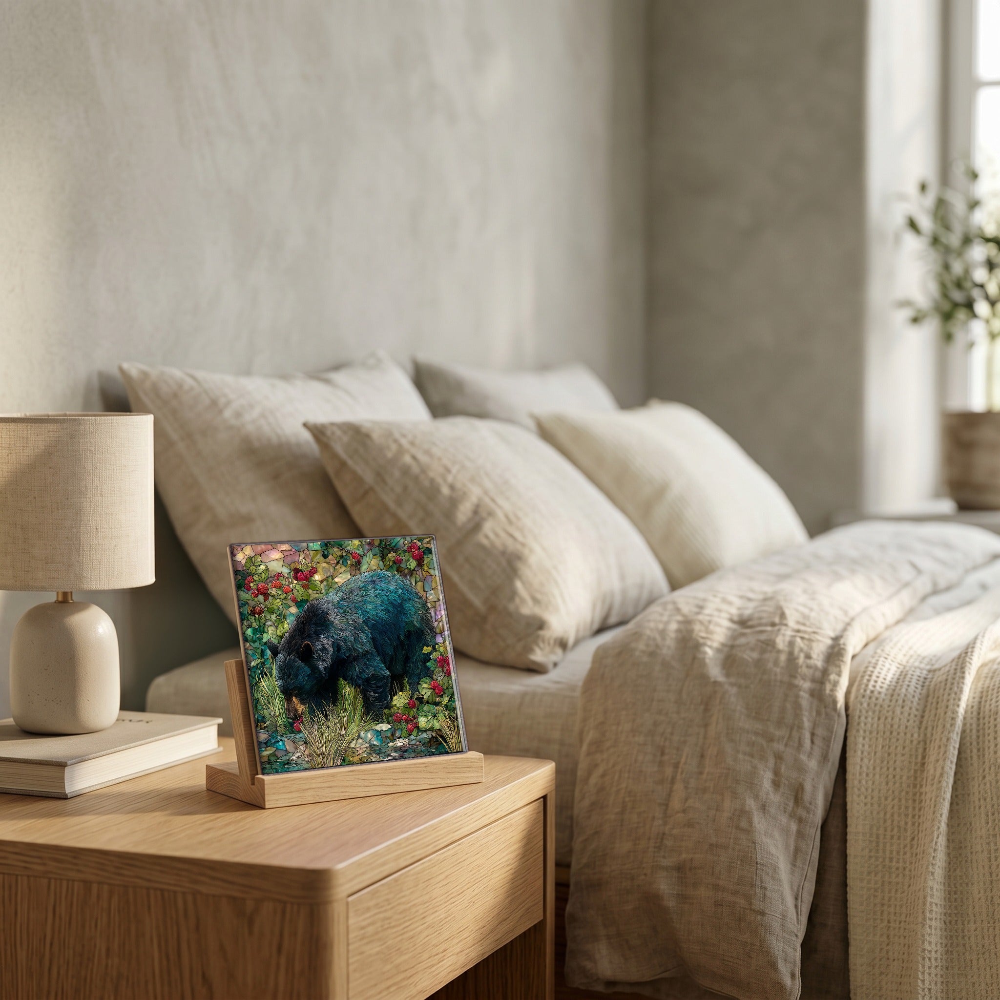 On the nightstand, catching the morning.