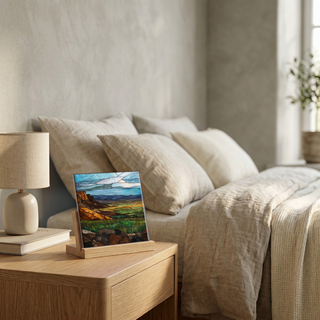 On the nightstand, catching the morning.