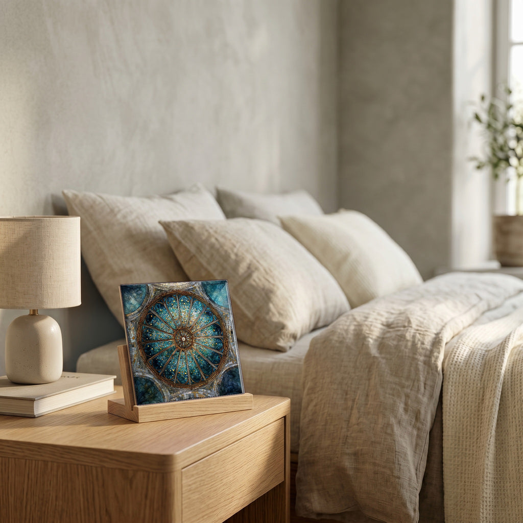 On the nightstand, catching the morning.