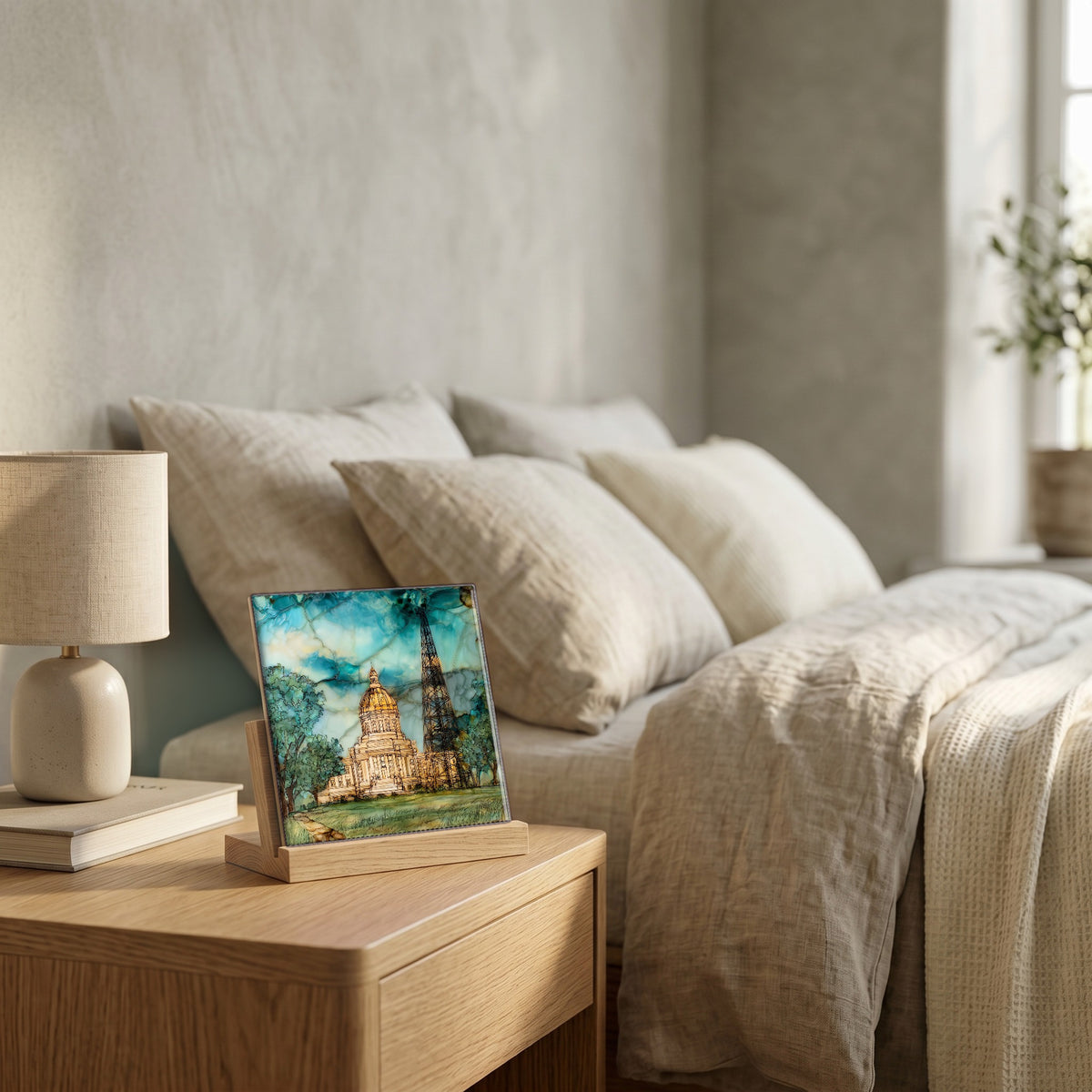 On the nightstand, catching the morning.