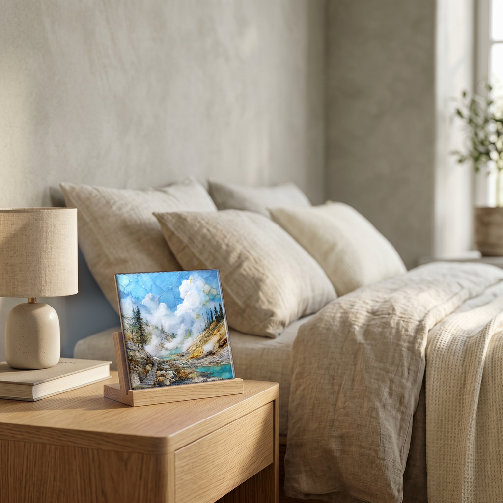 On the nightstand, on a light oak stand.
