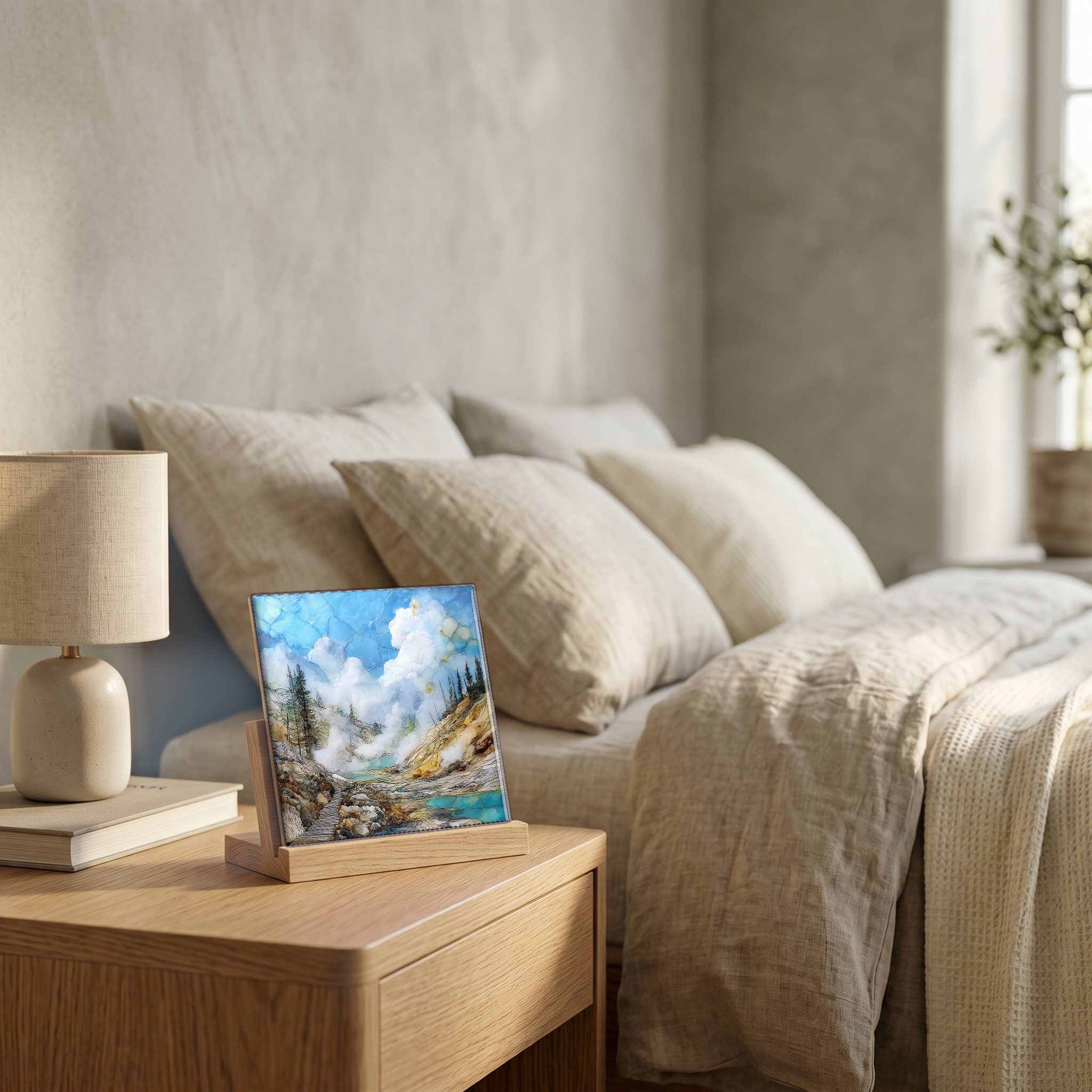 On the nightstand, on a light oak stand.
