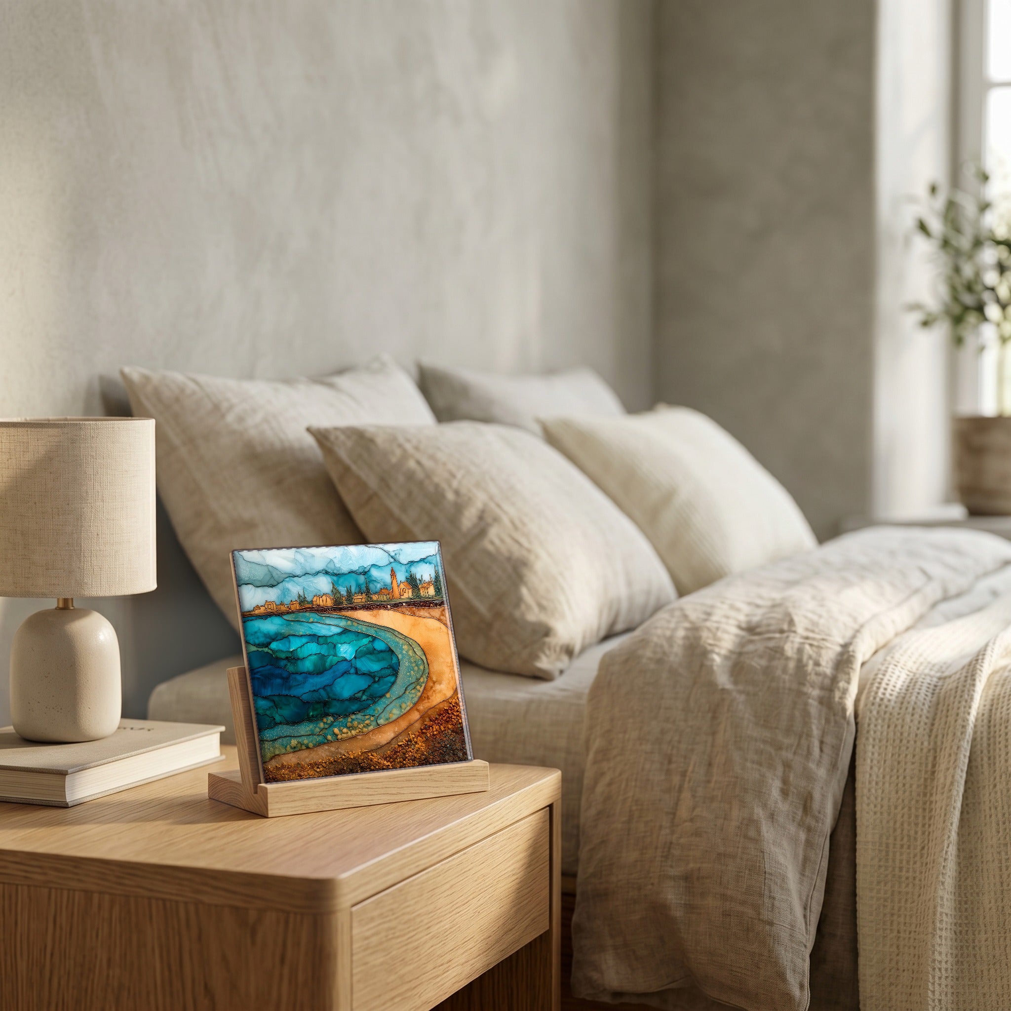 On the nightstand, catching the morning.