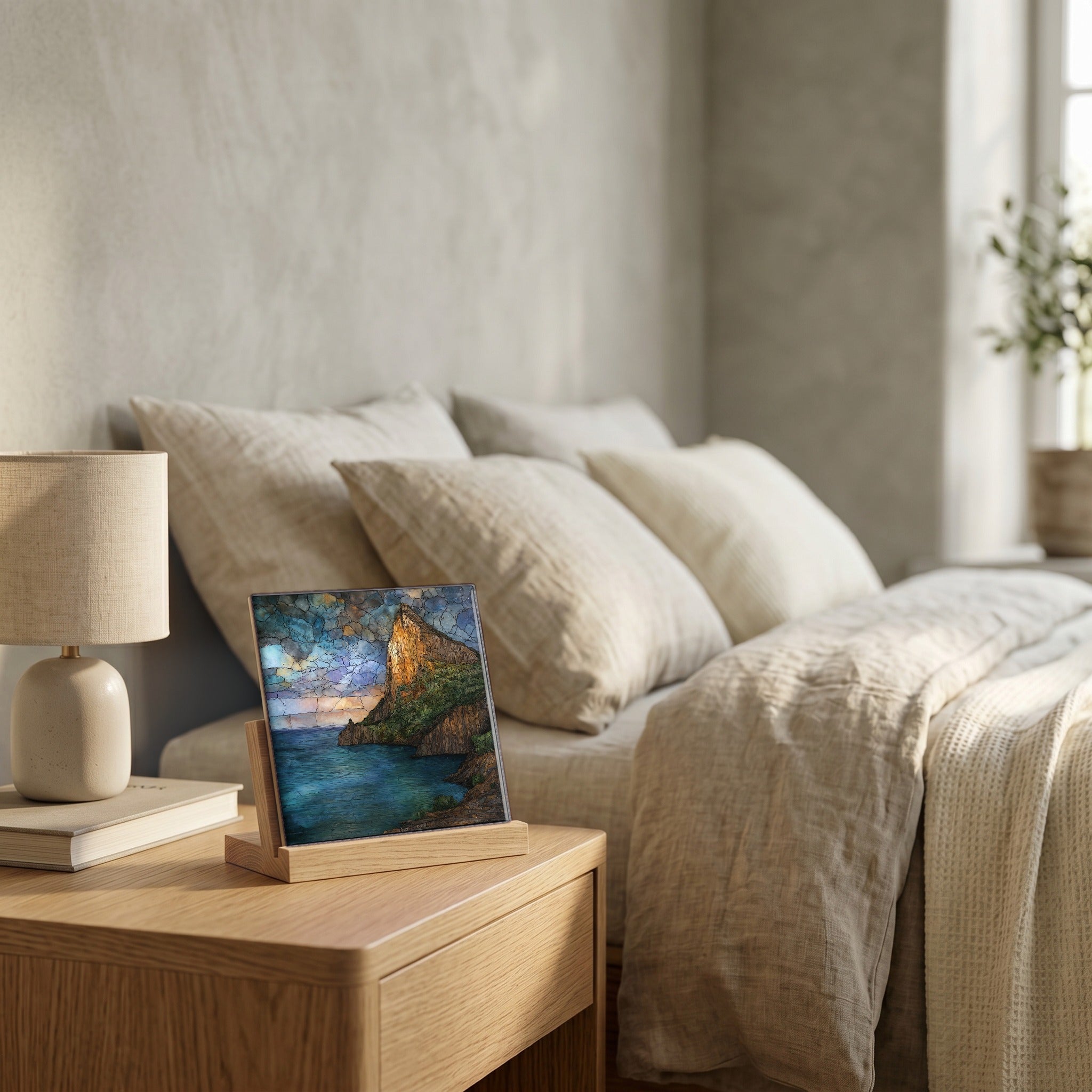 On the nightstand, catching the morning.