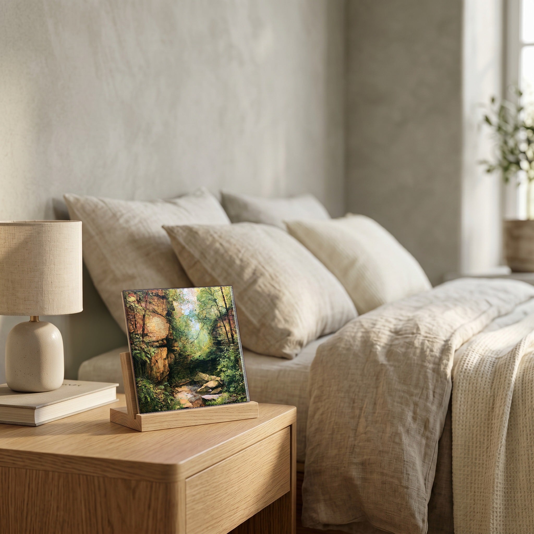 On the nightstand, catching the morning.