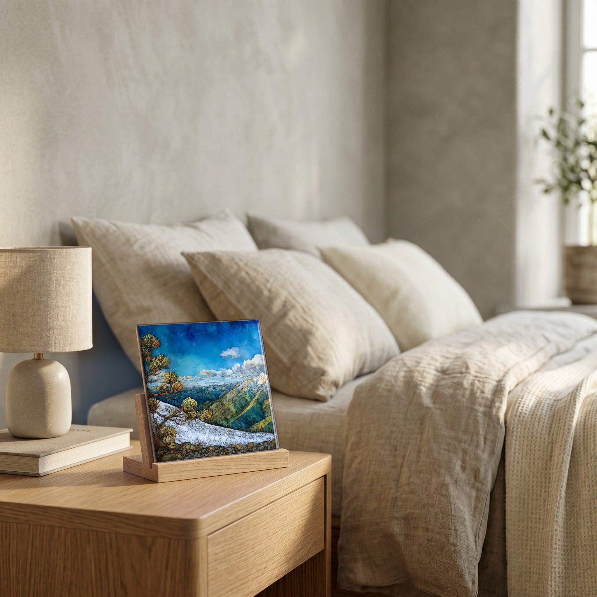 On the nightstand, catching the morning.