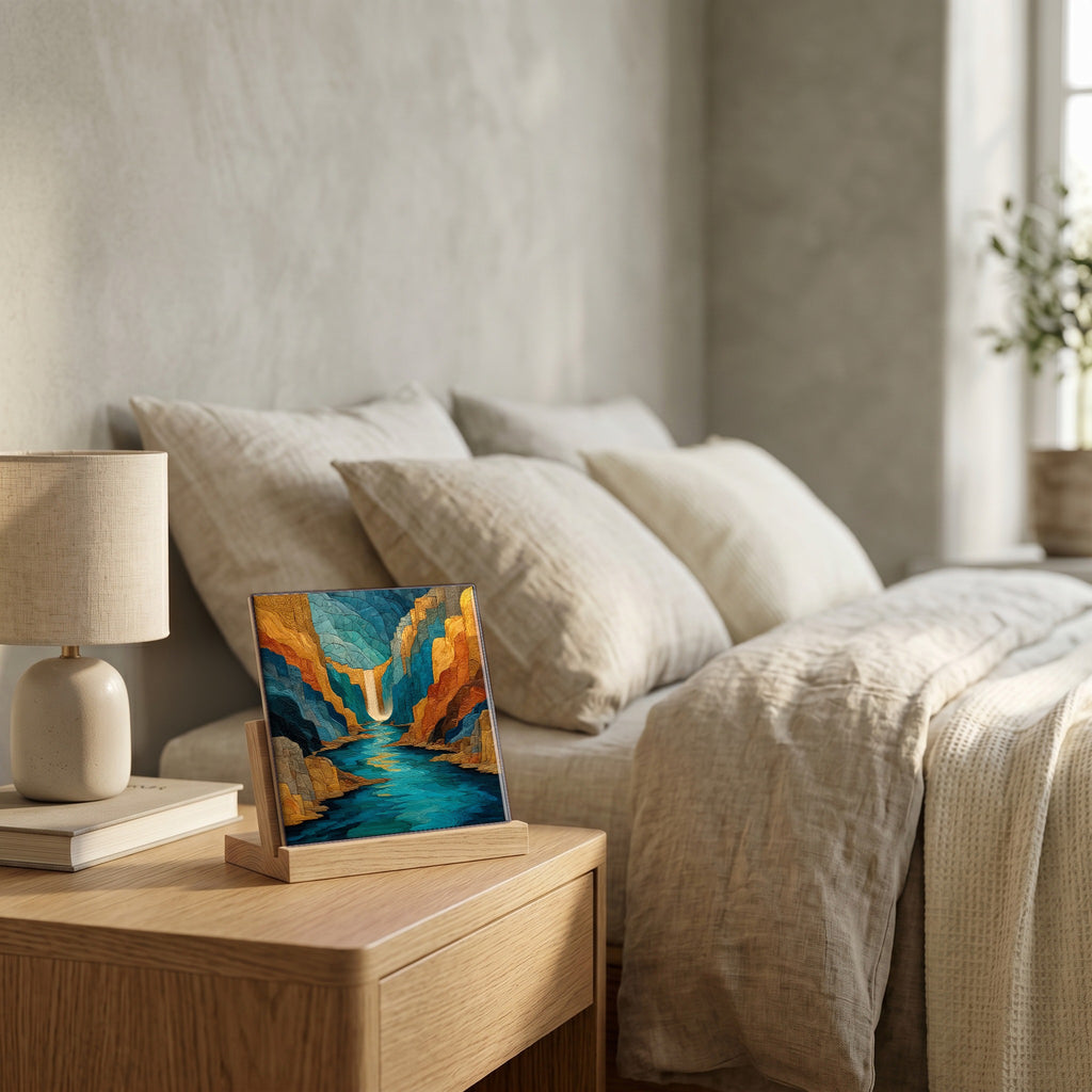 On the nightstand, catching the morning.