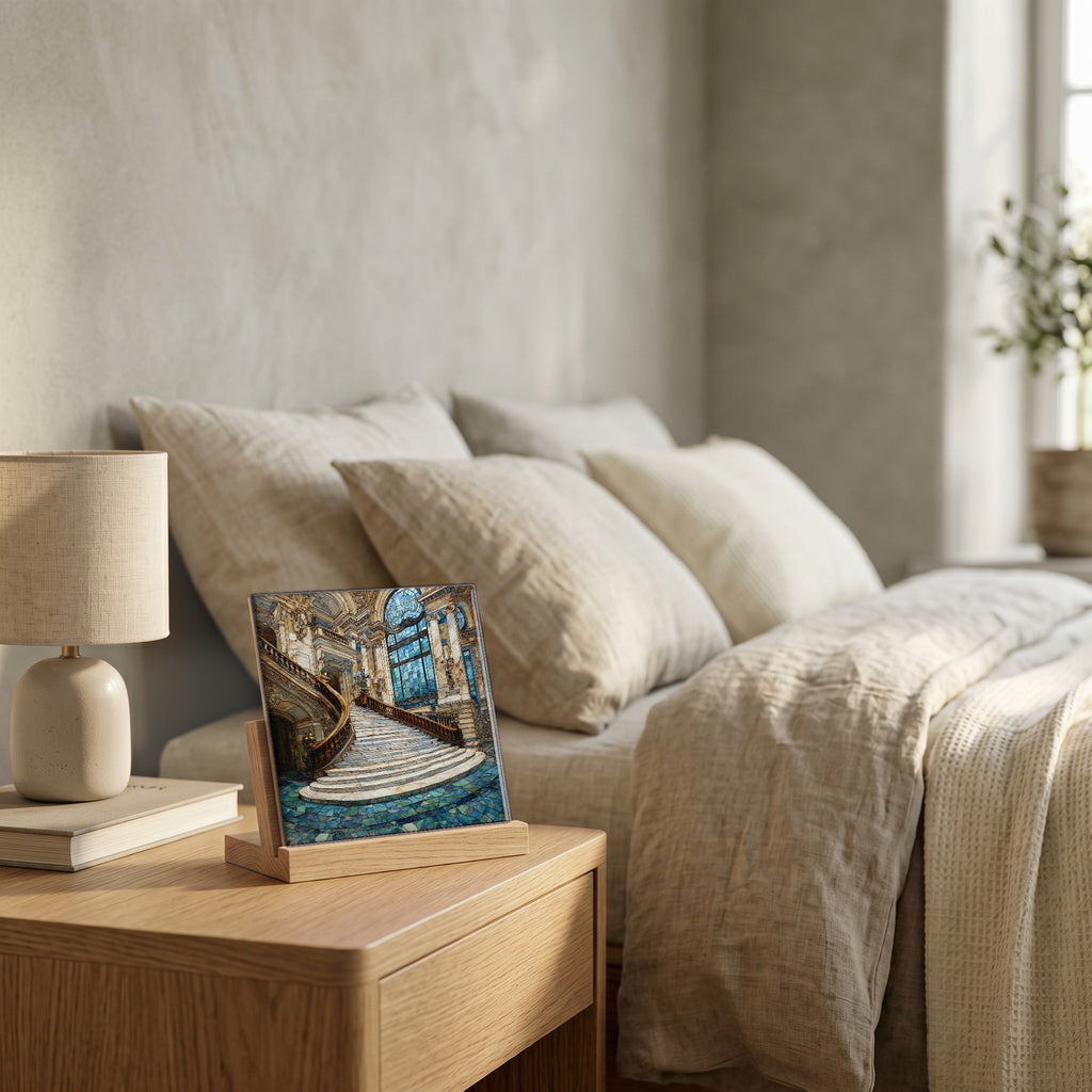 On the nightstand, on a light oak stand.