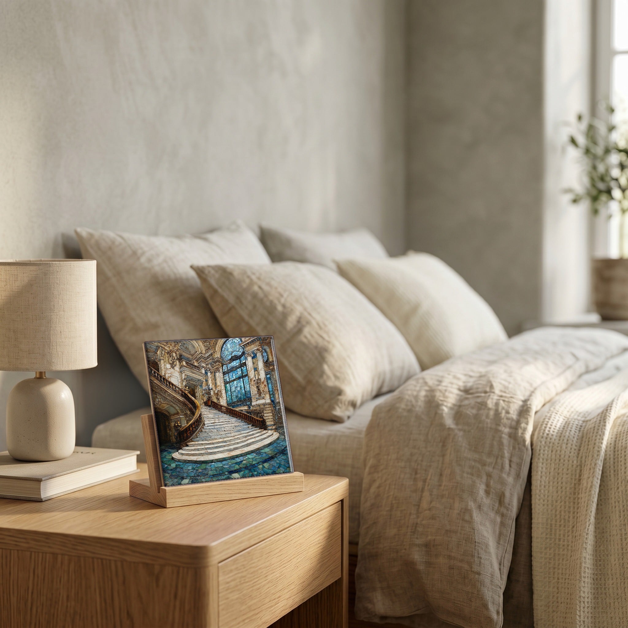 On the nightstand, on a light oak stand.