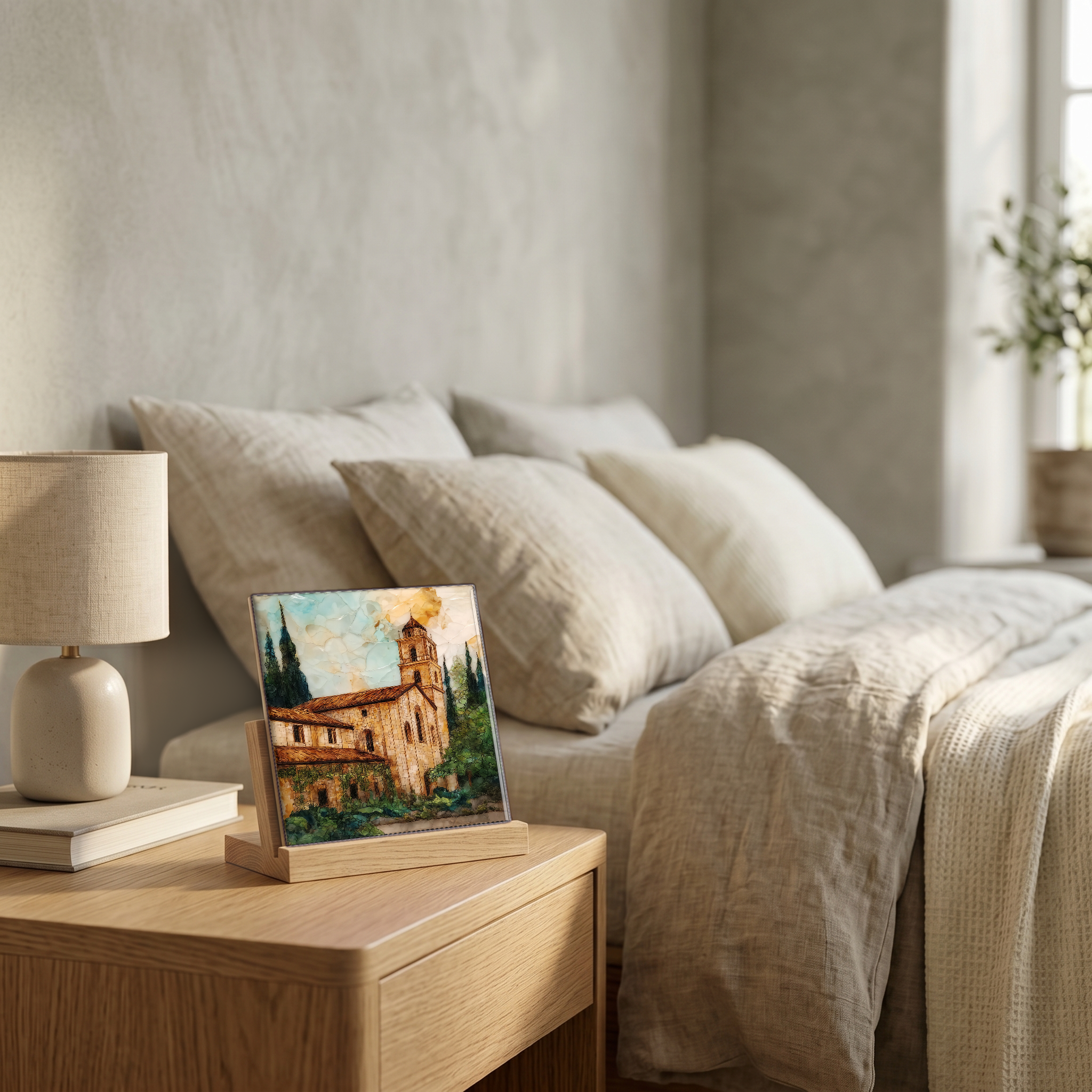 On the nightstand, on a light oak stand.