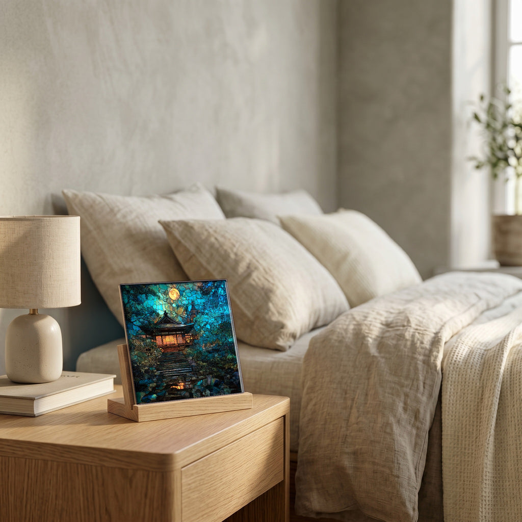 On the nightstand, catching the morning.