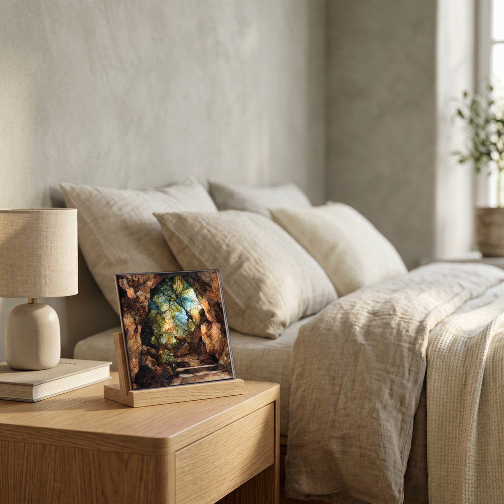 On the nightstand, catching the morning.