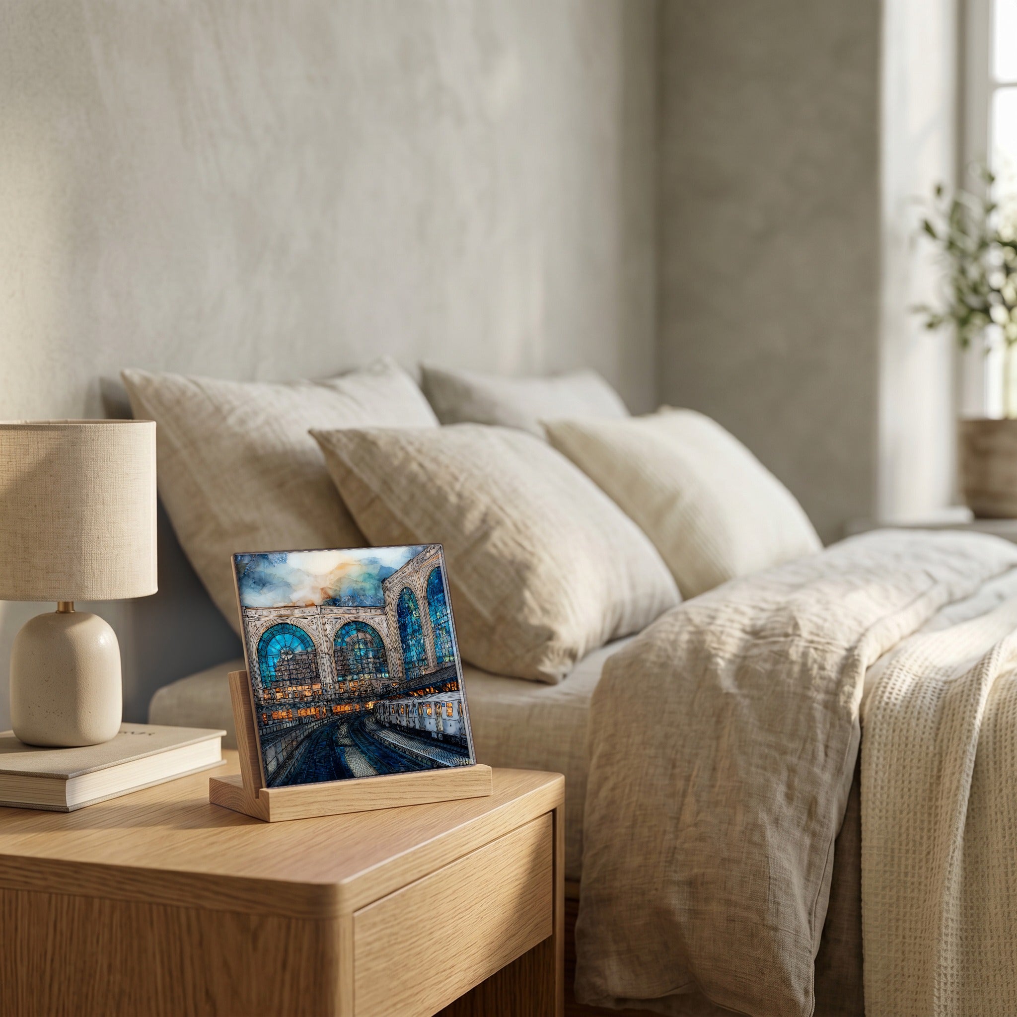 On the nightstand, catching the morning.