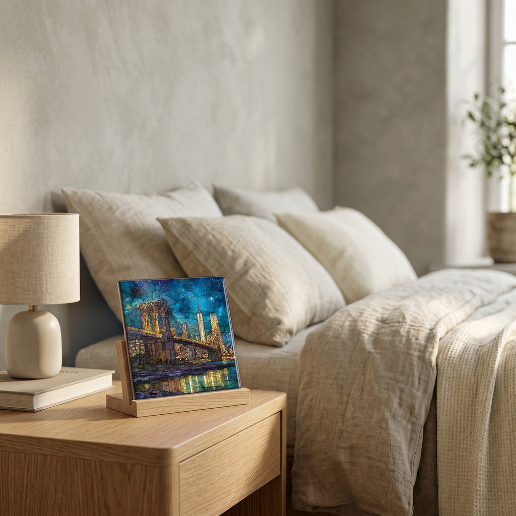 On the nightstand, catching the morning.