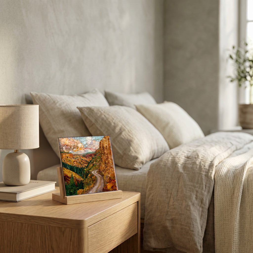 On the nightstand, catching the morning.