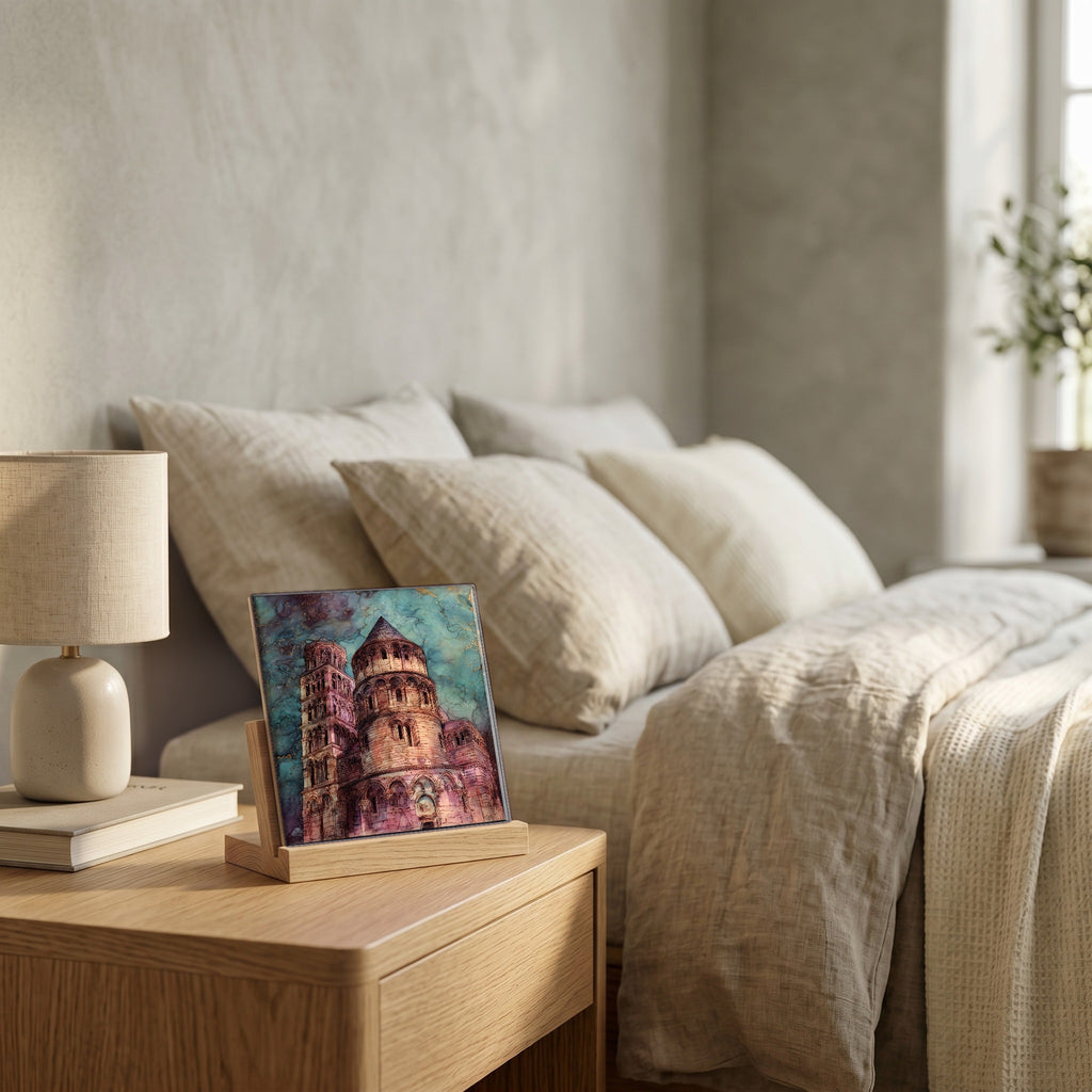 On the nightstand, on a light oak stand.