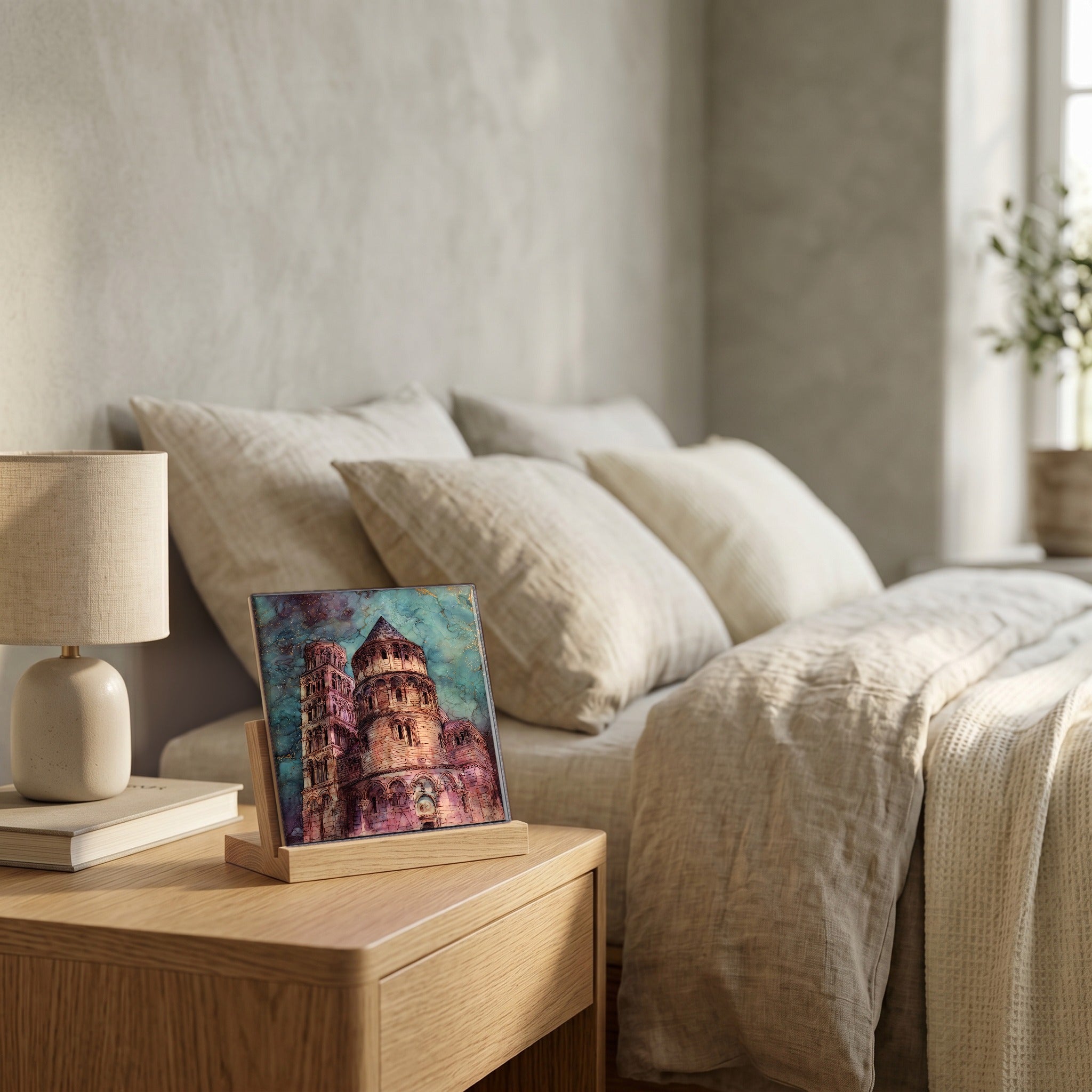 On the nightstand, on a light oak stand.