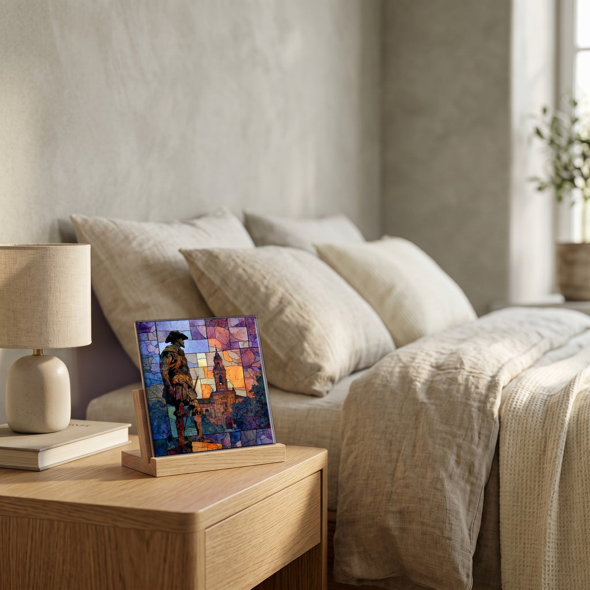 On the nightstand, catching the morning.