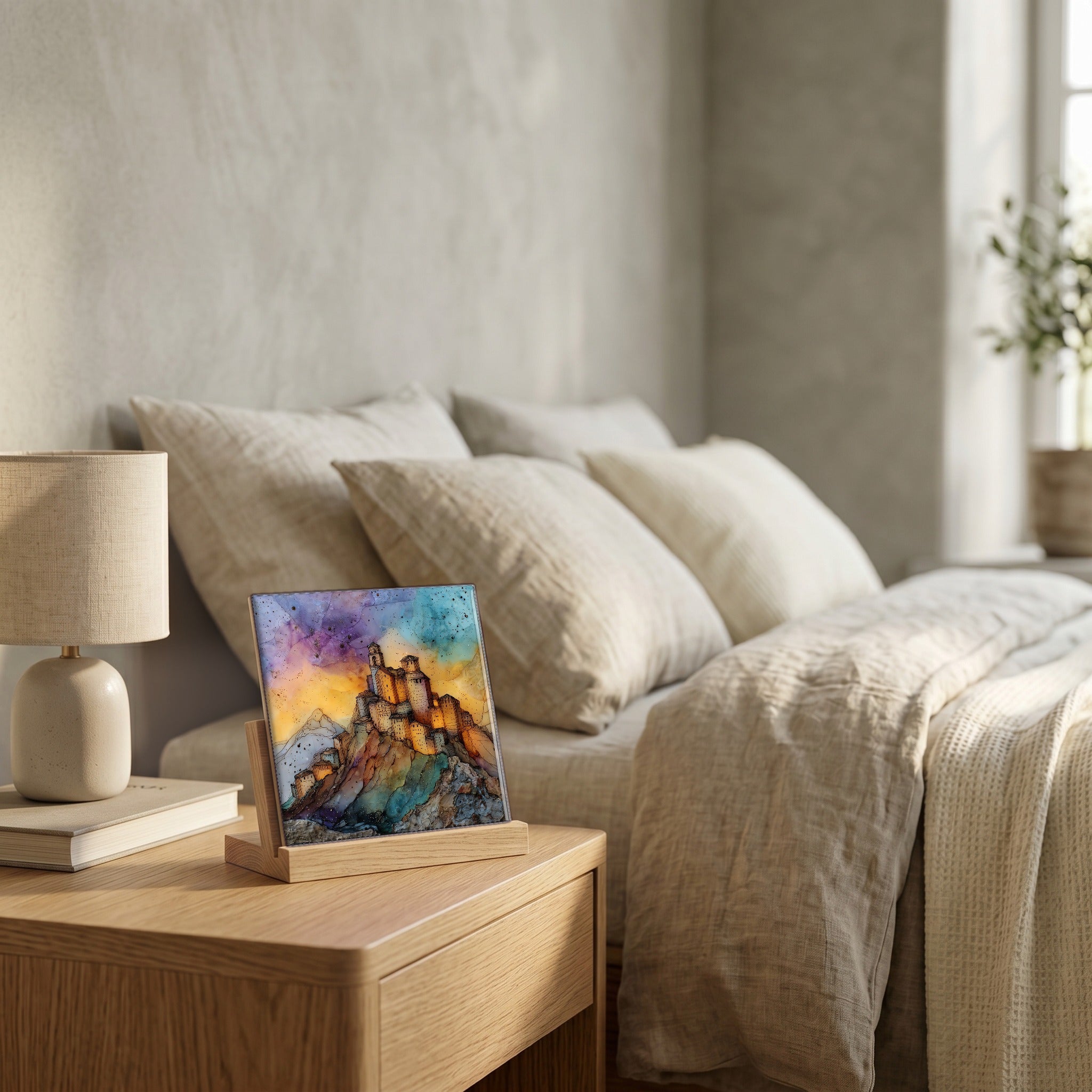 On the nightstand, on a light oak stand.