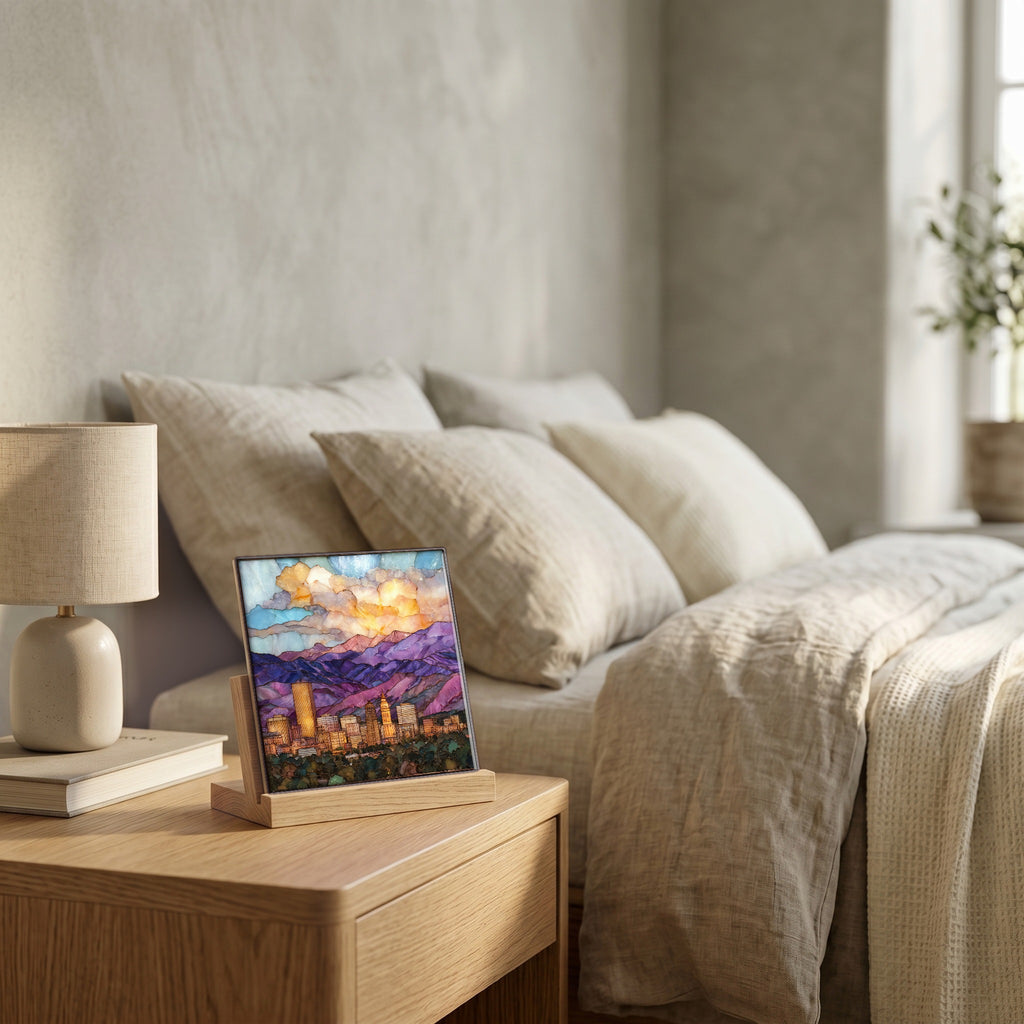 On the nightstand, on a light oak stand.