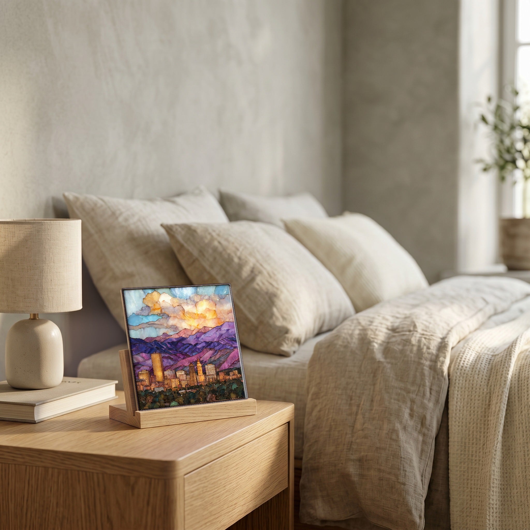 On the nightstand, on a light oak stand.