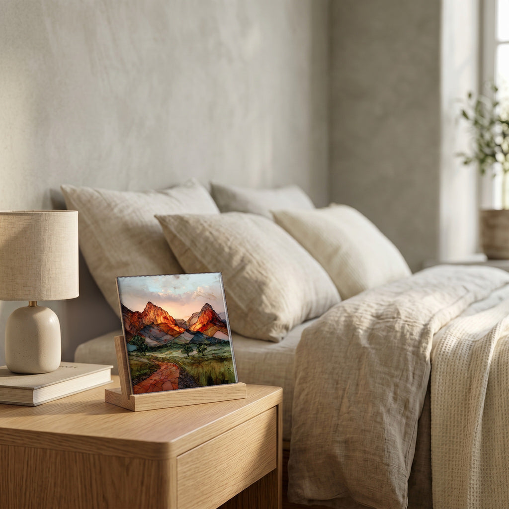 On the nightstand, catching the morning.