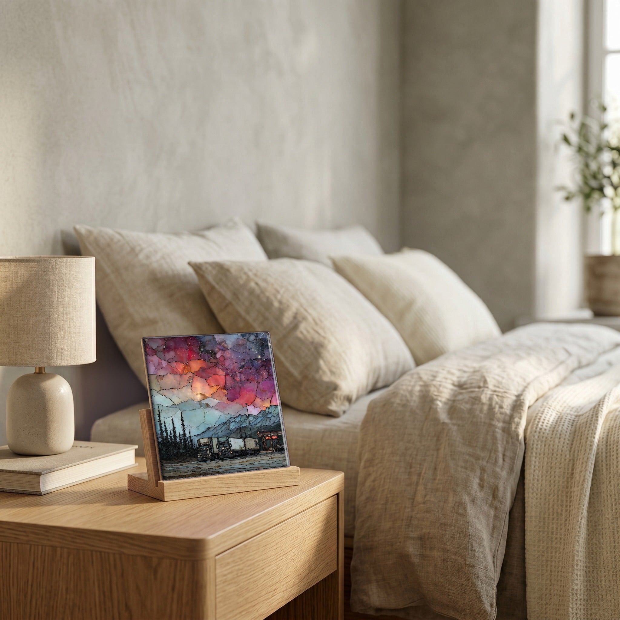 On the nightstand, catching the morning.