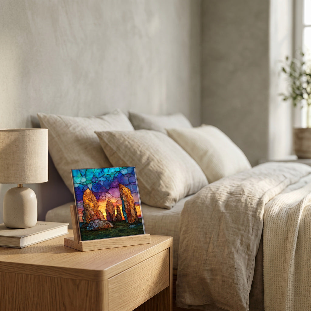 On the nightstand, on a light oak stand.