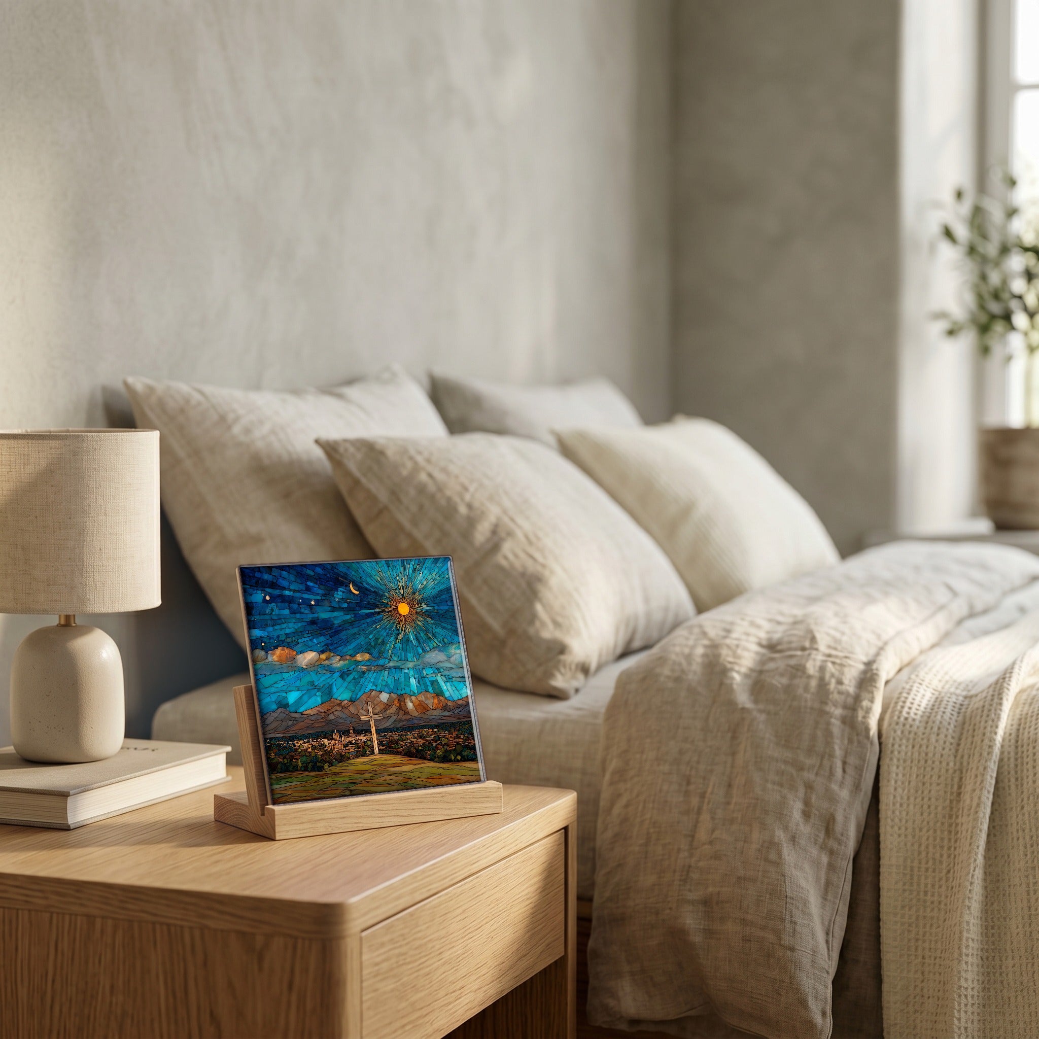 On the nightstand, catching the morning.