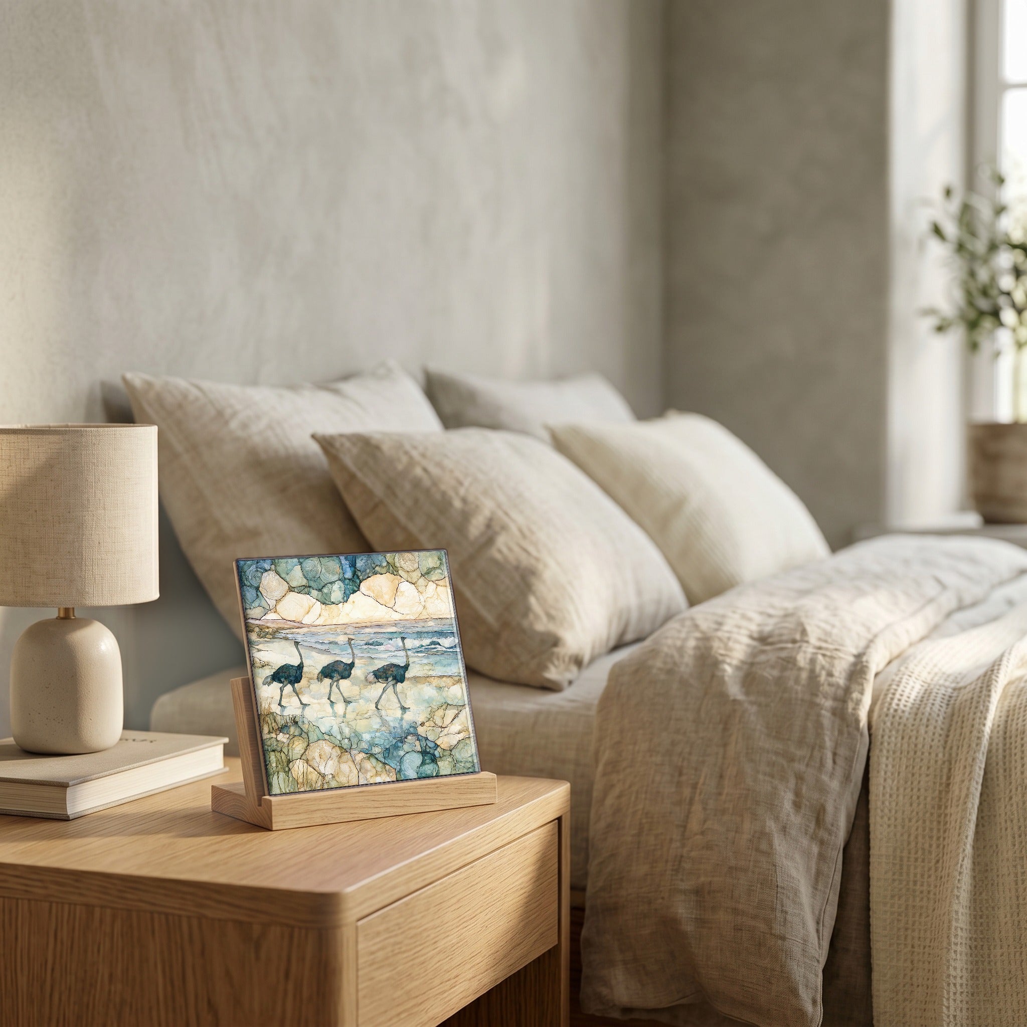 On the nightstand, catching the morning.