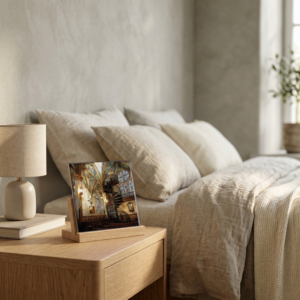 On the nightstand, catching the morning.
