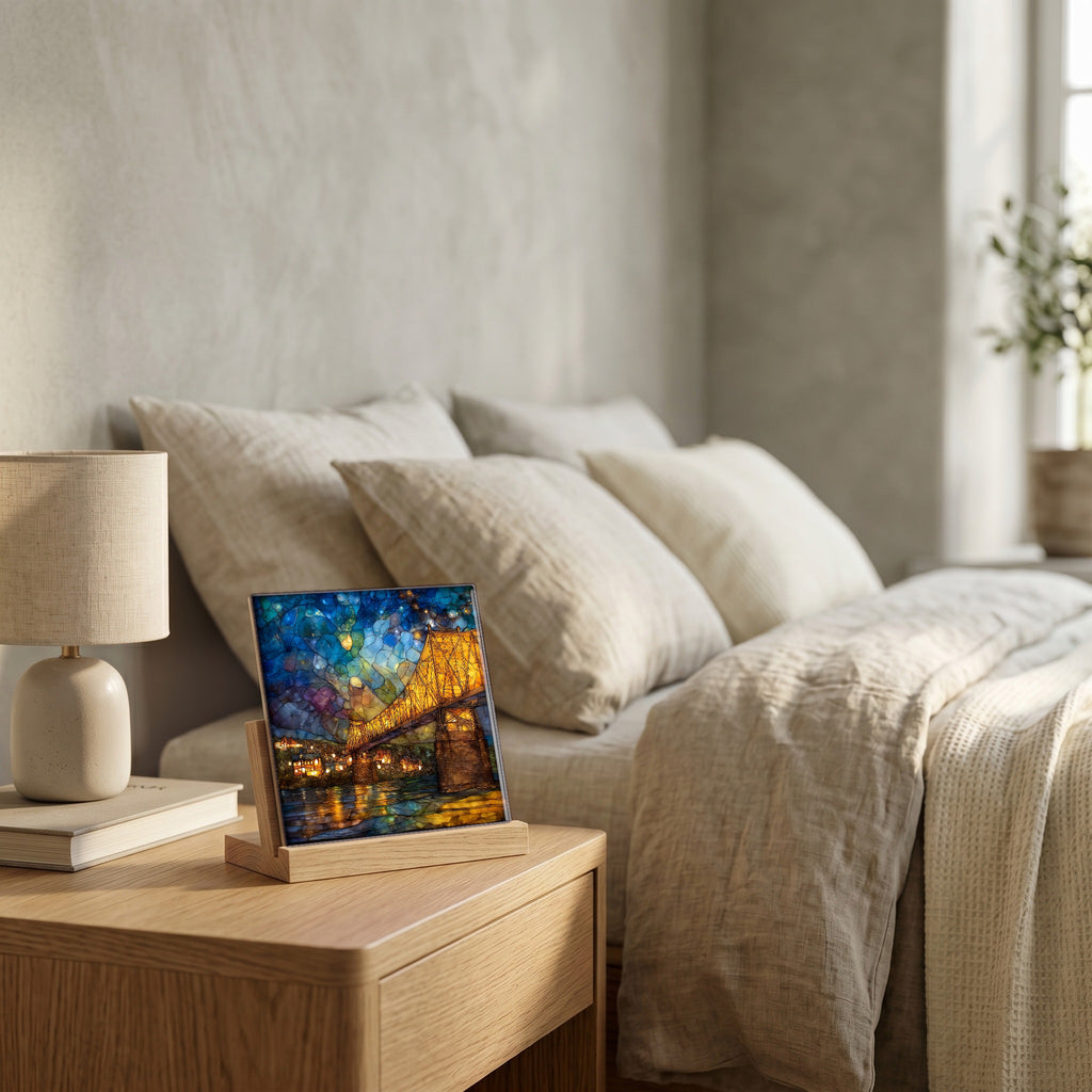 On the nightstand, catching the morning.