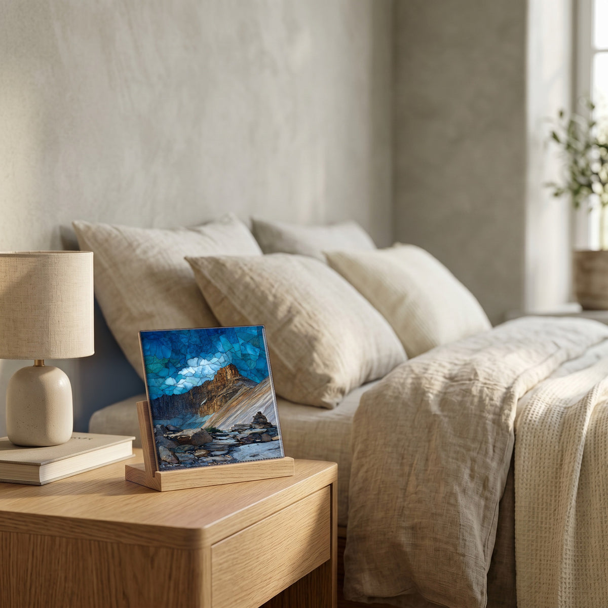 On the nightstand, catching the morning.
