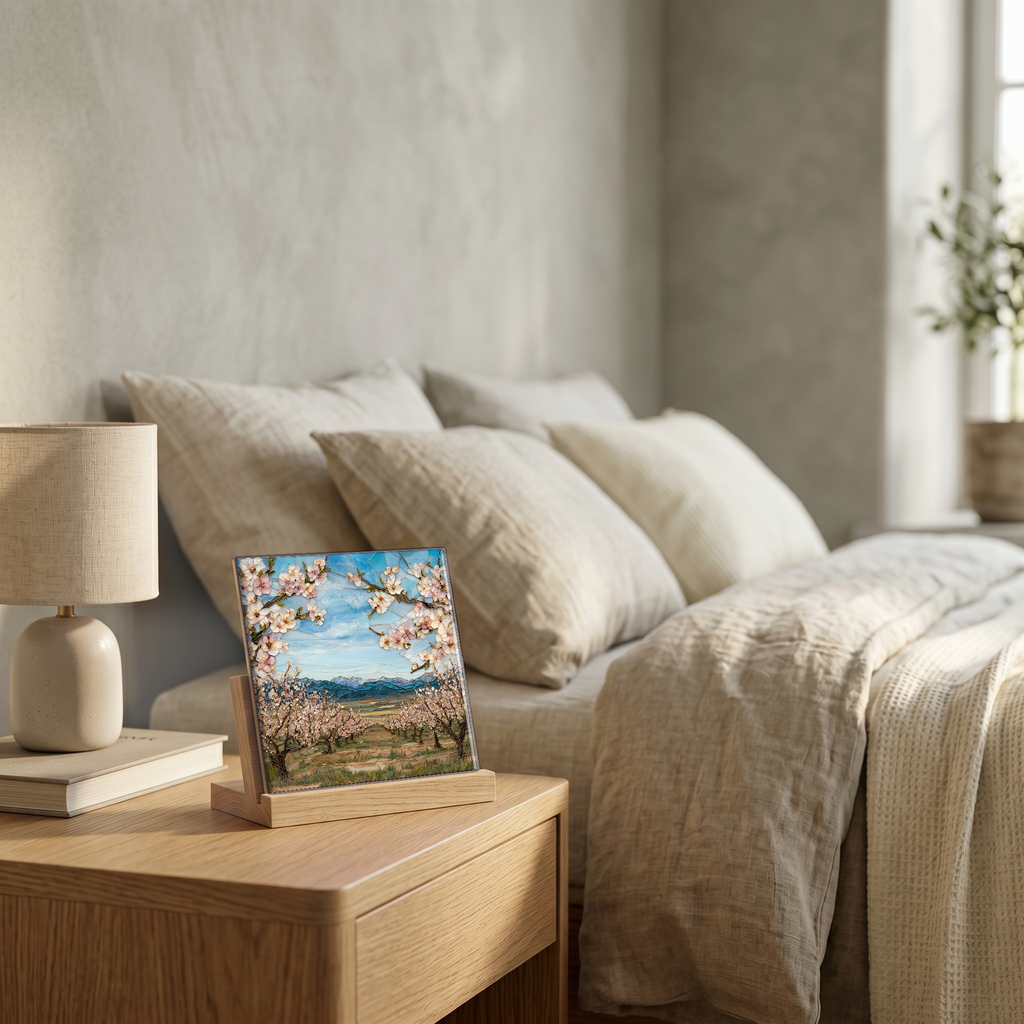 On the nightstand, on a light oak stand.