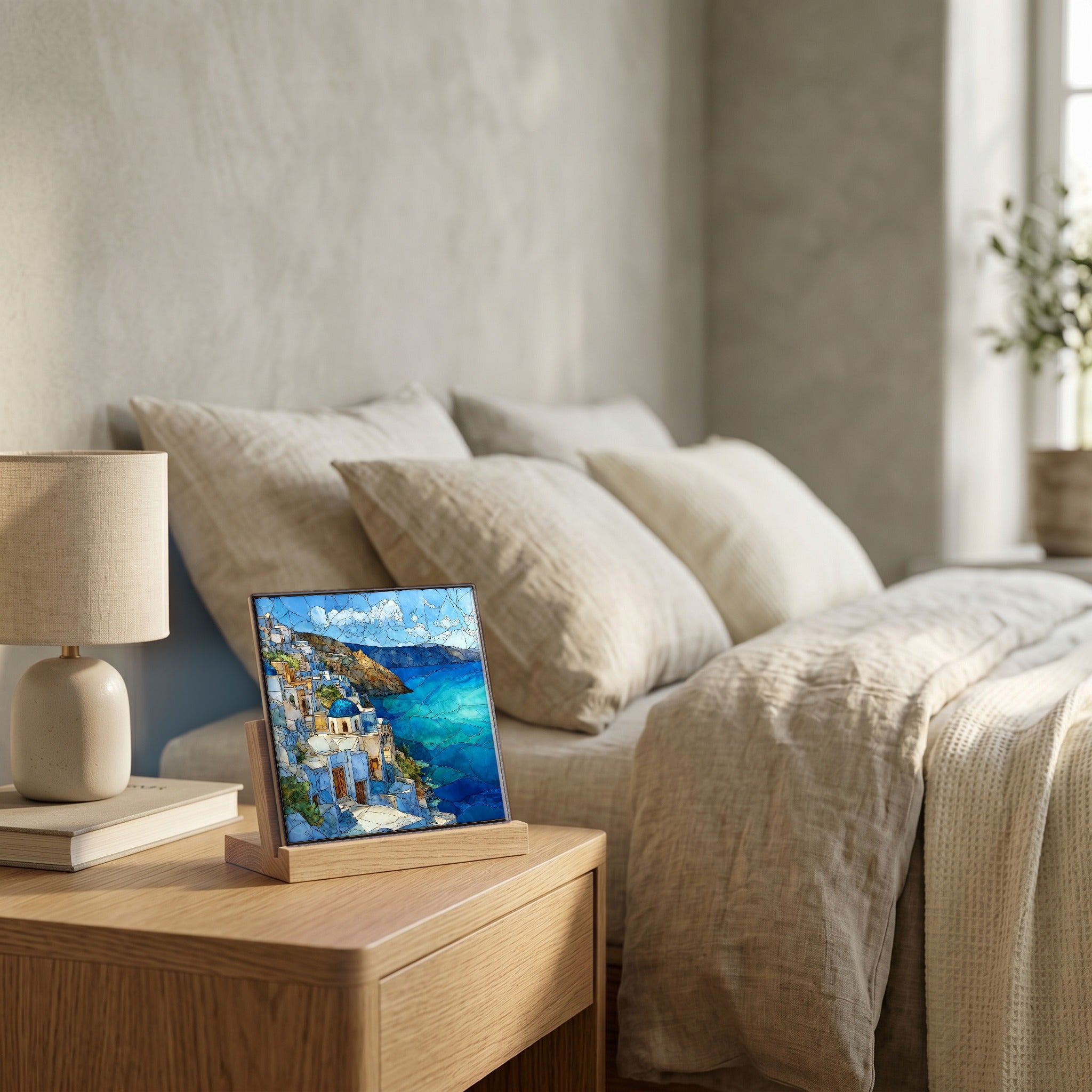 On the nightstand, catching the morning.