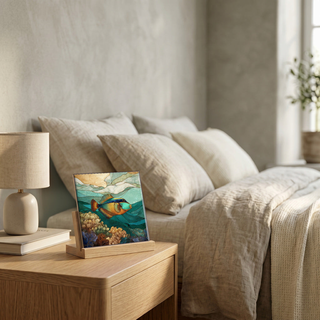 On the nightstand, on a light oak stand.