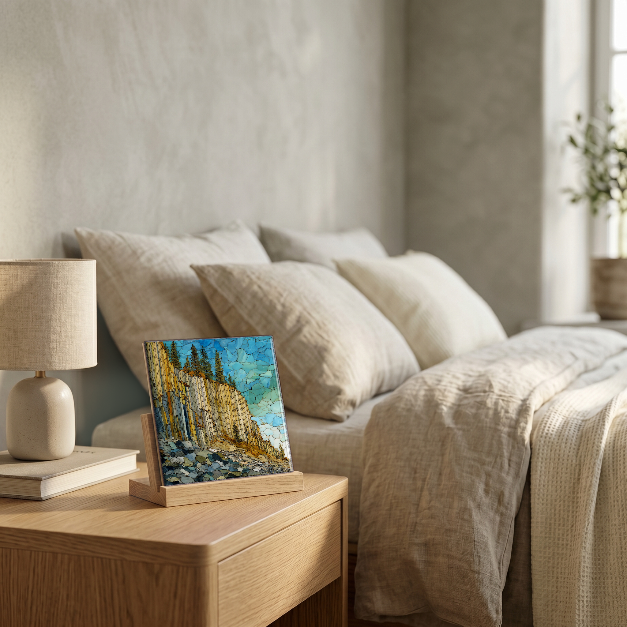 On the nightstand, on a light oak stand.