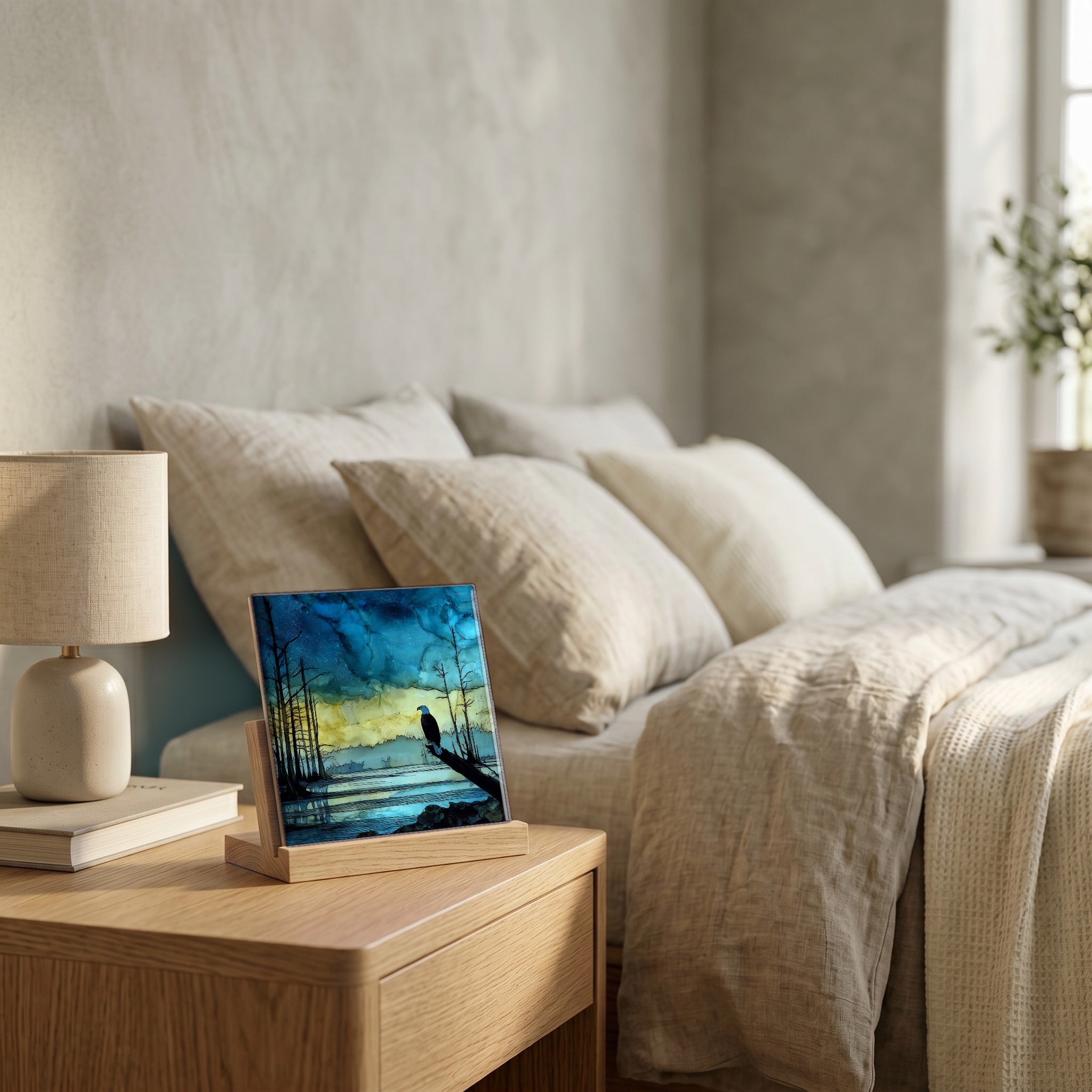 On the nightstand, catching the morning.