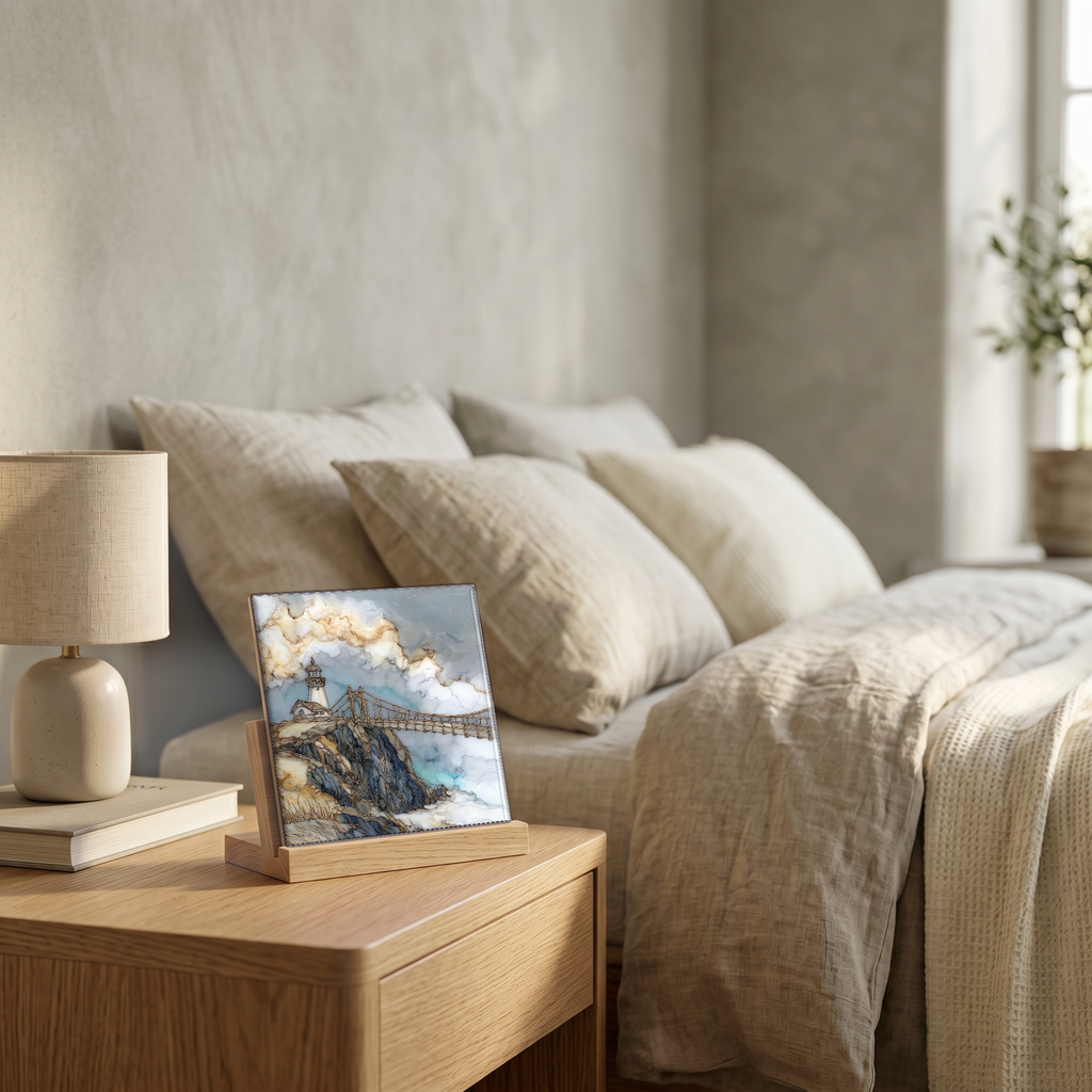 On the nightstand, on a light oak stand.