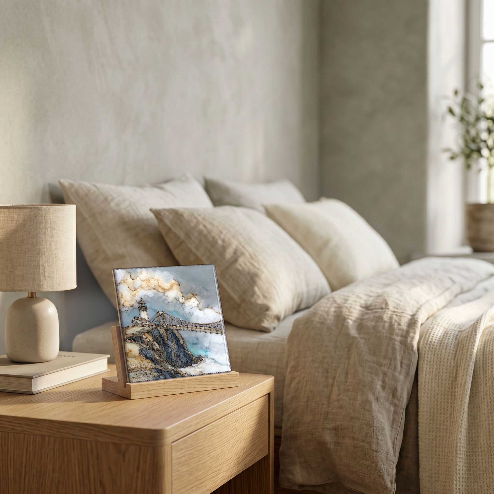 On the nightstand, on a light oak stand.