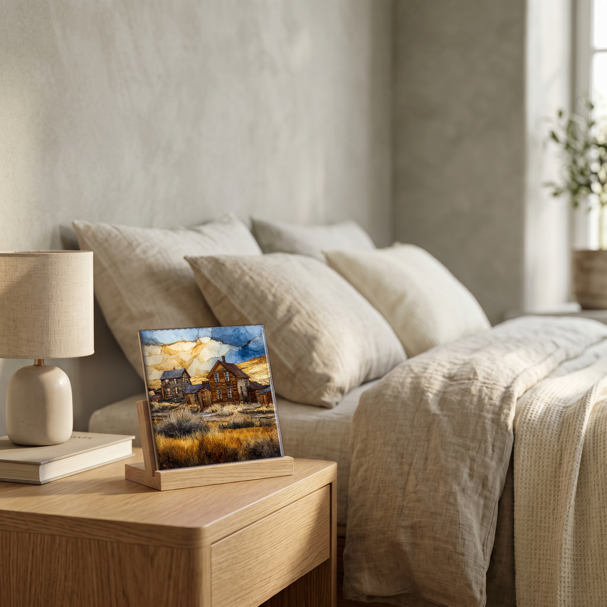 On the nightstand, on a light oak stand.