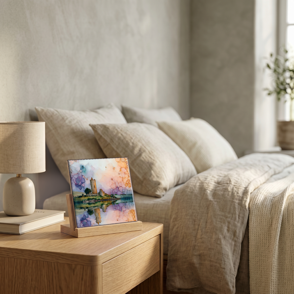 On the nightstand, on a light oak stand.