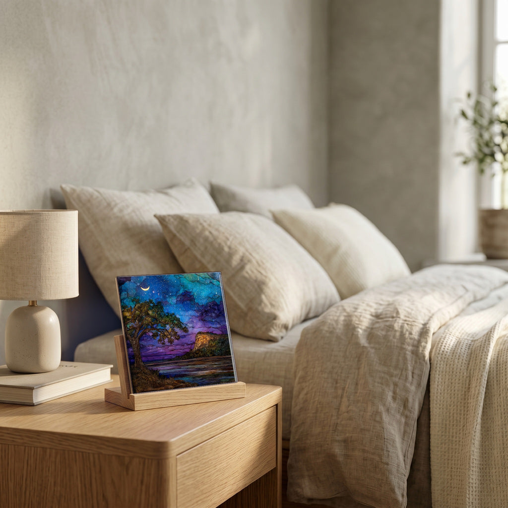 On the nightstand, catching the morning.