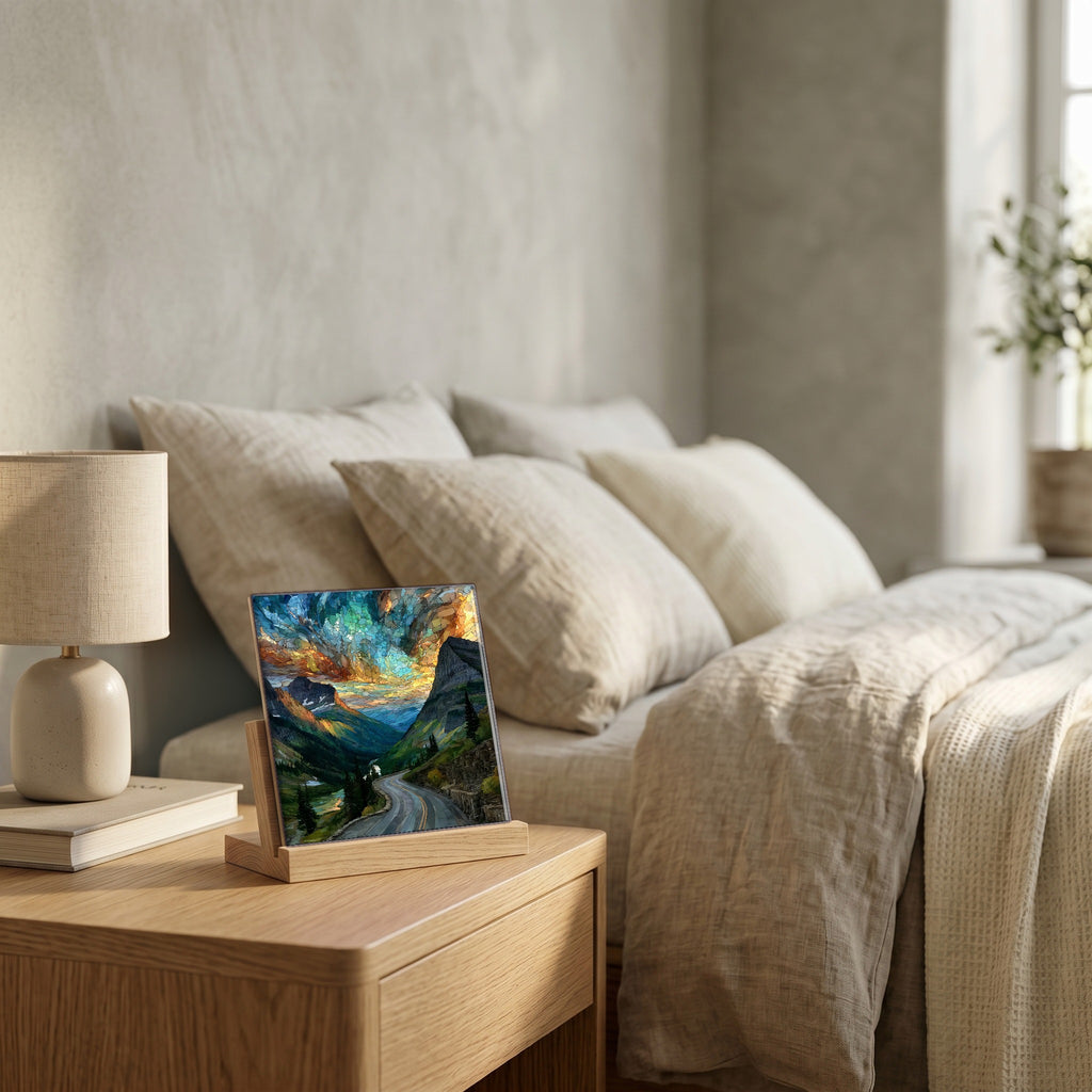 On the nightstand, catching the morning.