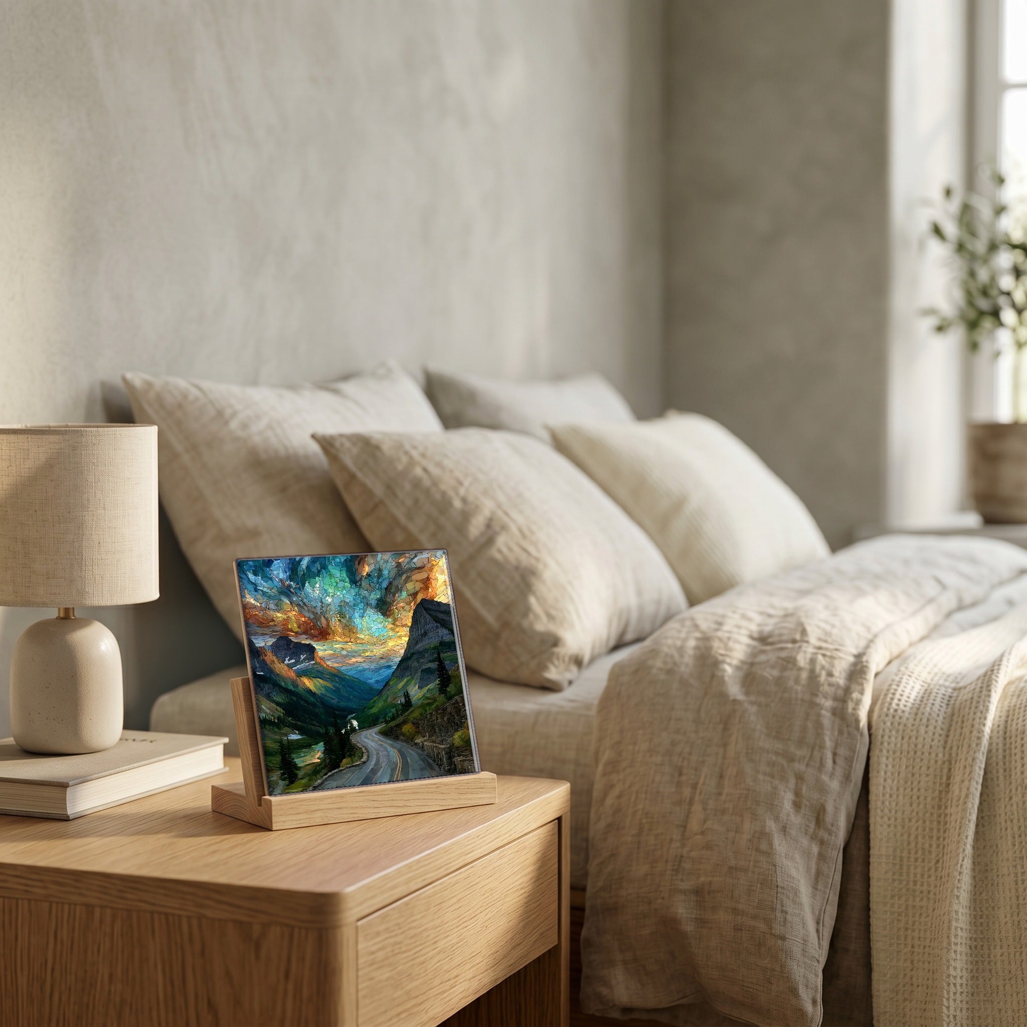 On the nightstand, catching the morning.