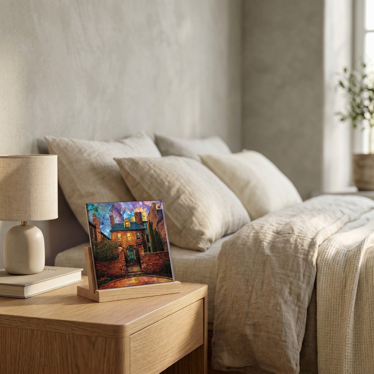 On the nightstand, catching the morning.