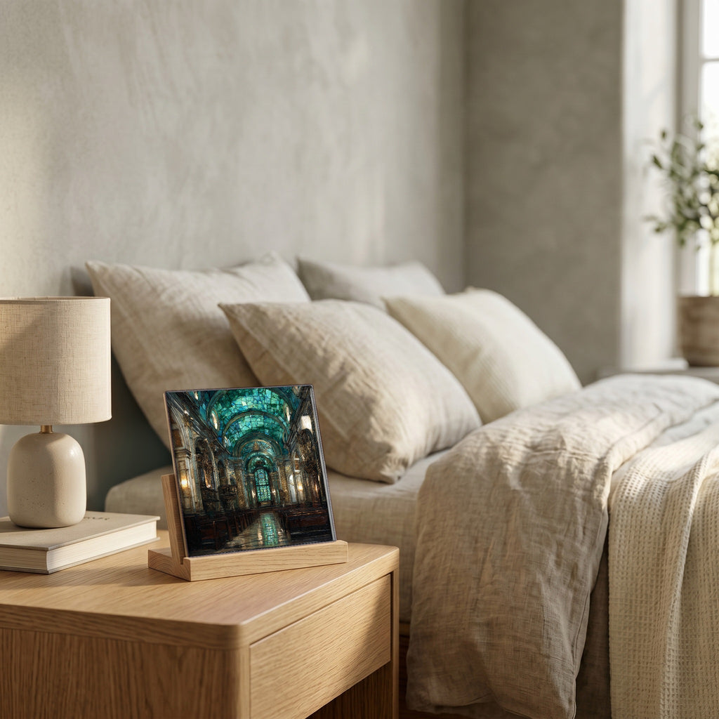 On the nightstand, catching the morning.